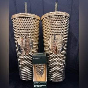 2 Gold studded Starbucks tumblers and matching ornament key chain